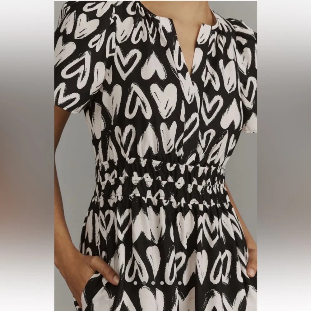 Anthropologie The Somerset Maxi Dress Smocked Heart Edition Poplin Black White - Picture 2 of 7